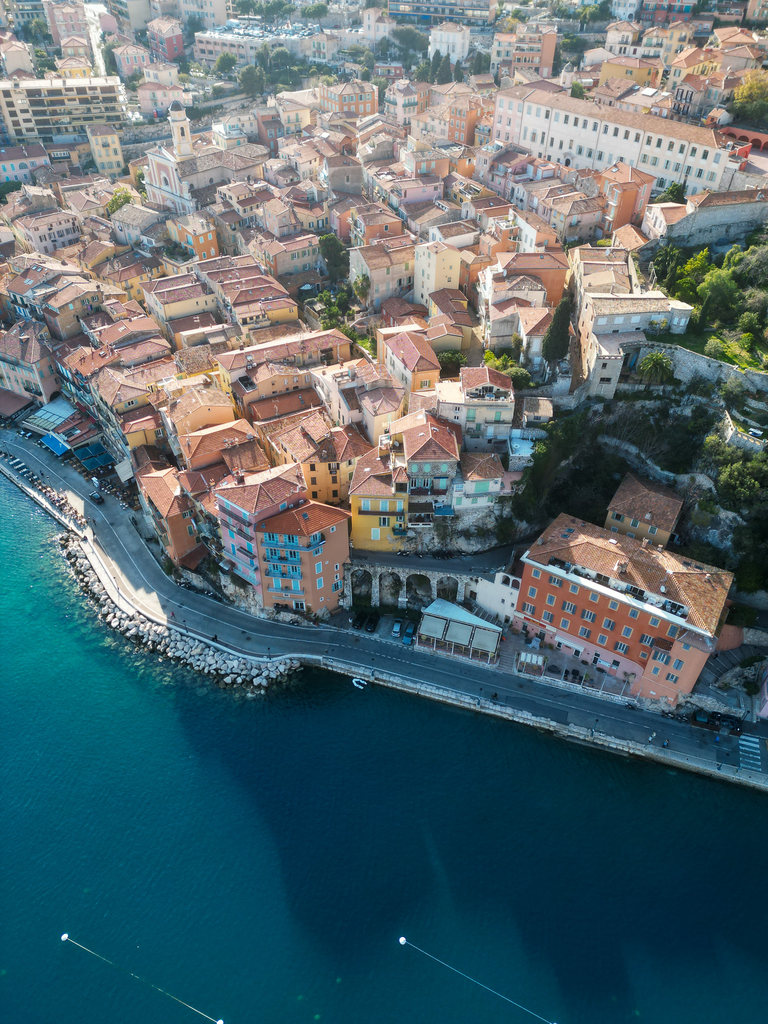 Aerial of Villefranche coastal town
