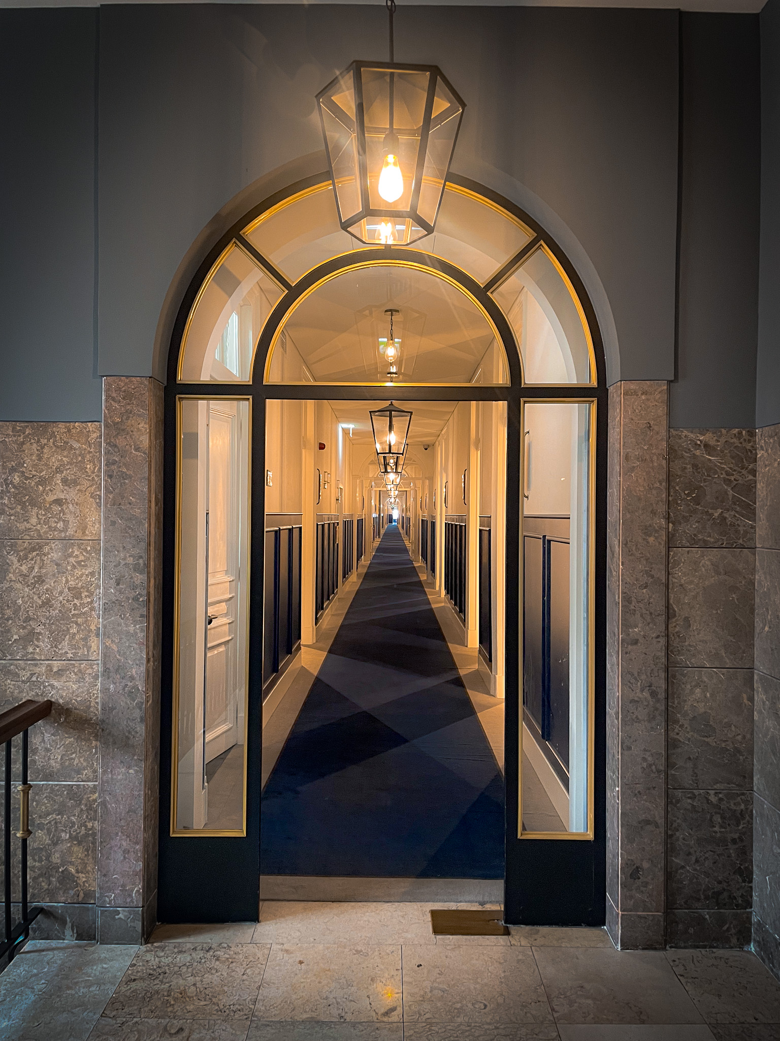 Hotel corridor with gold arches, Portugal