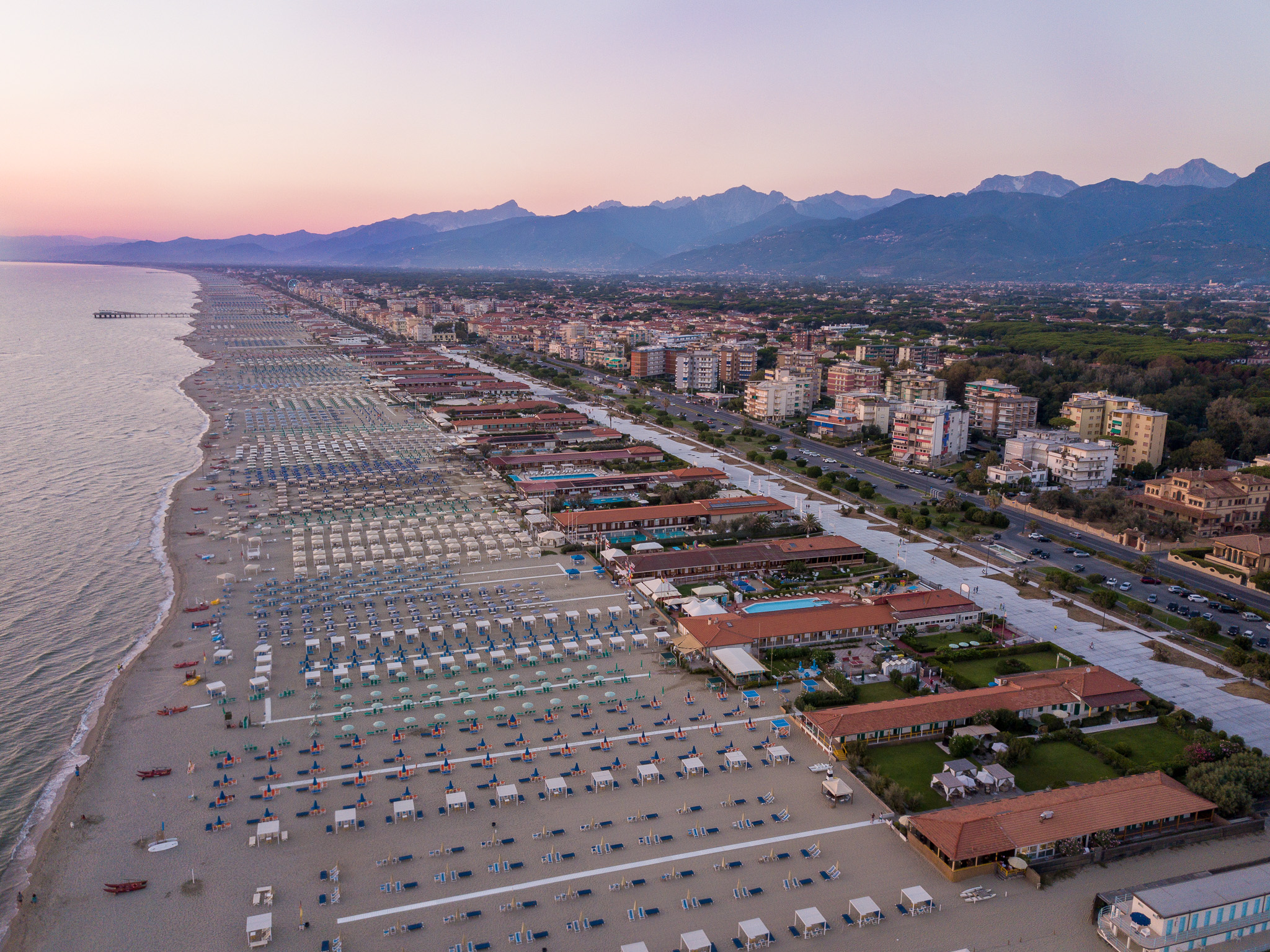 Resort coast at dusk aerial